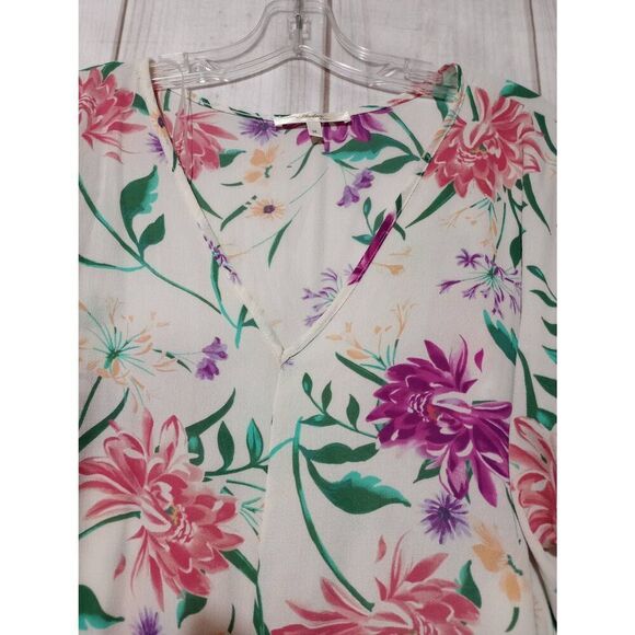Andree Shirt Ladies Medium Ivory Purple Floral Short Sleeve Semi Sheer - Picture 3 of 7